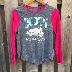 ROOTS pink & grey baseball tee - size XXL